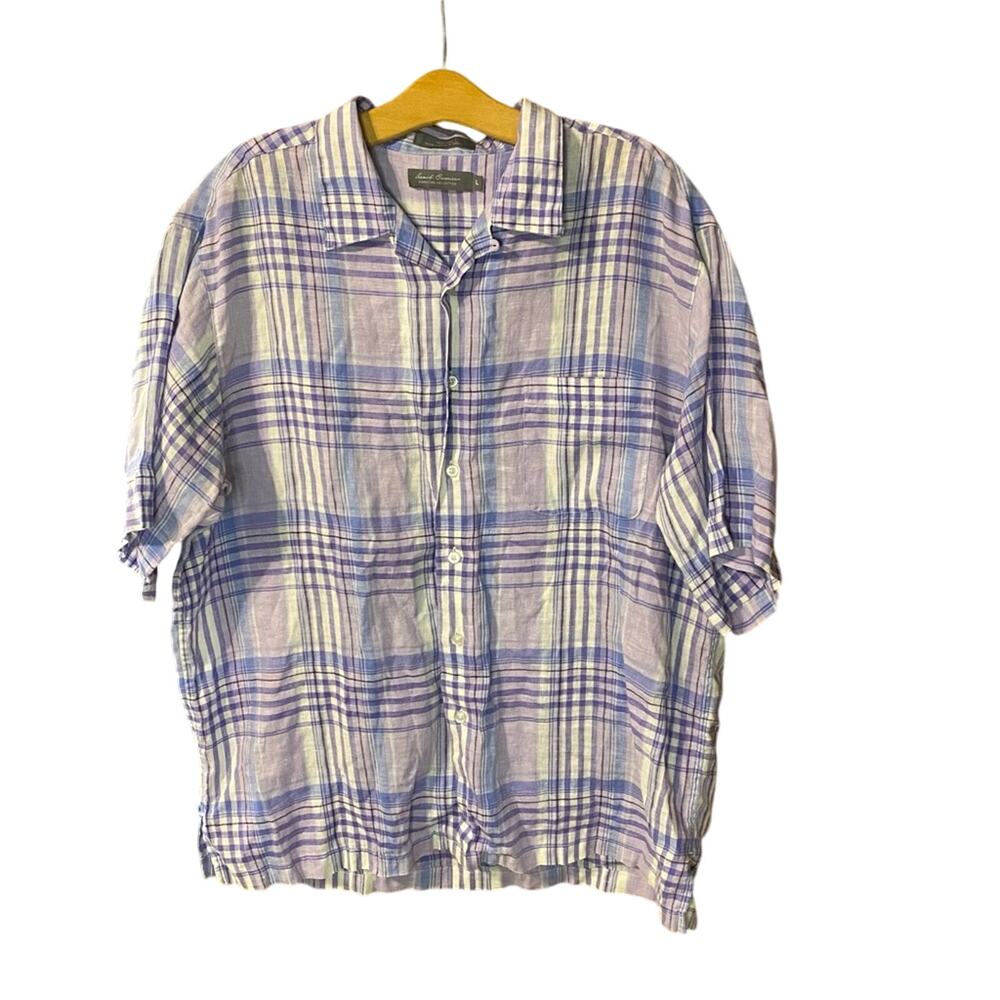 Daniel Cremieux Casual purple Blue and White Plaid Shirt large 100% linen